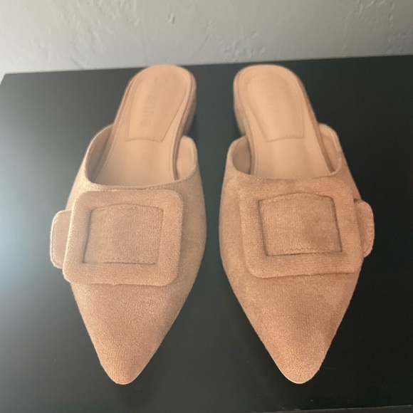 Buckle Flat Mules Pointed Toe Backless Mule Slides Suede - New - Picture 3 of 5